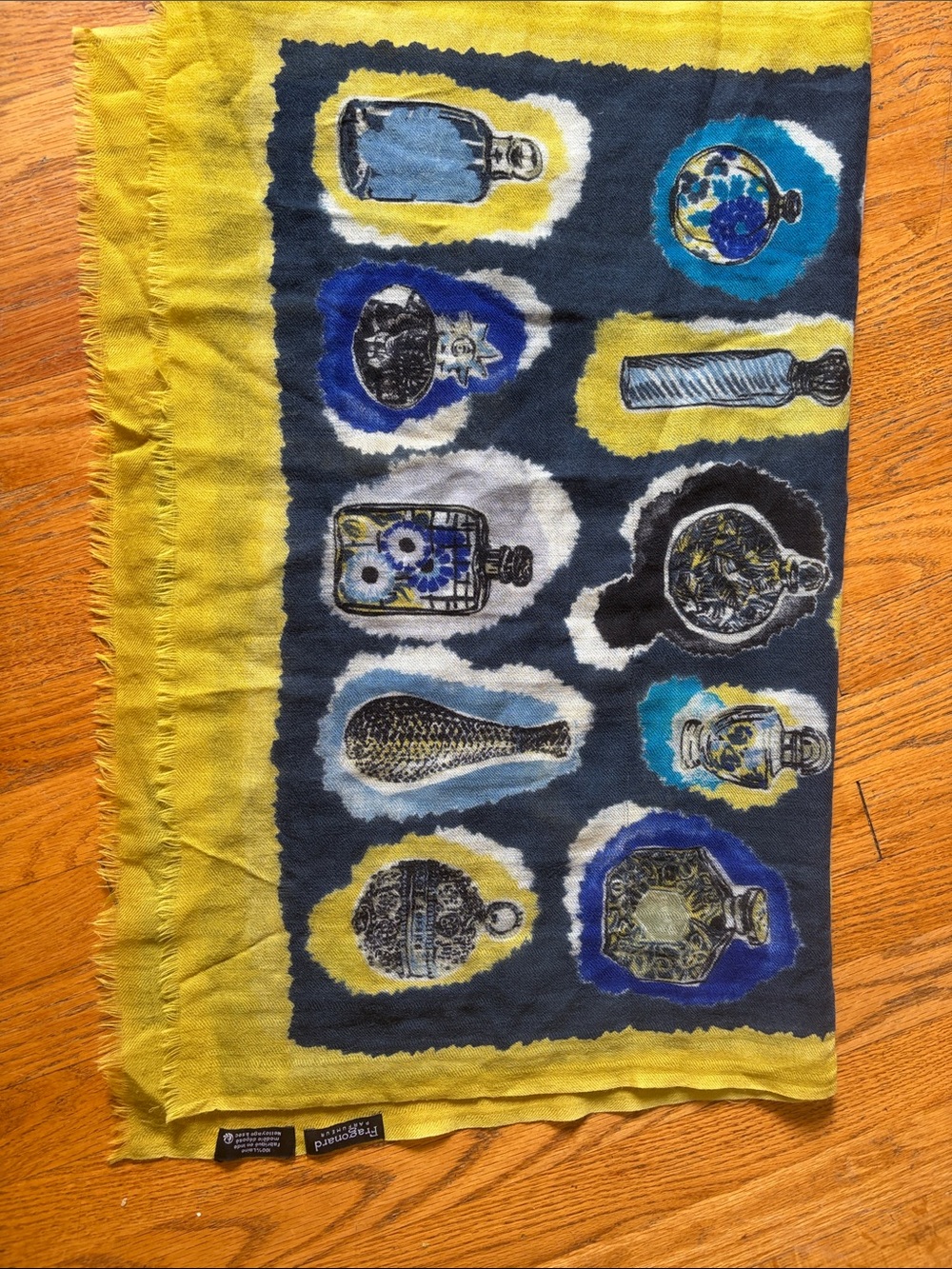 Yellow and Navy Printed Perfume Bottle Scarf - Women’s Lightweight Wrap